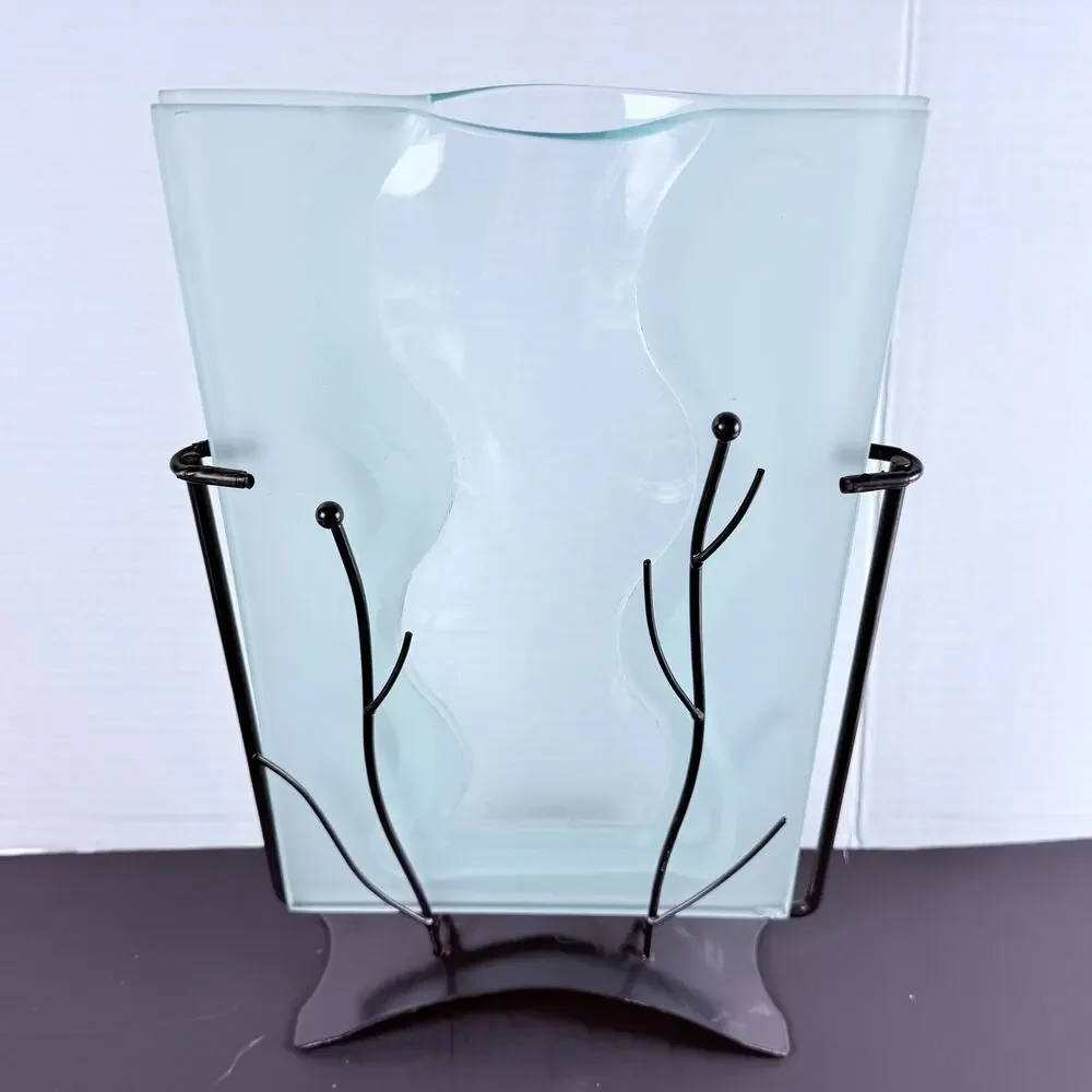 Modern Fused Art Glass Vase Frosted Wavy Clear Black Metal Stand Abstract 13.5